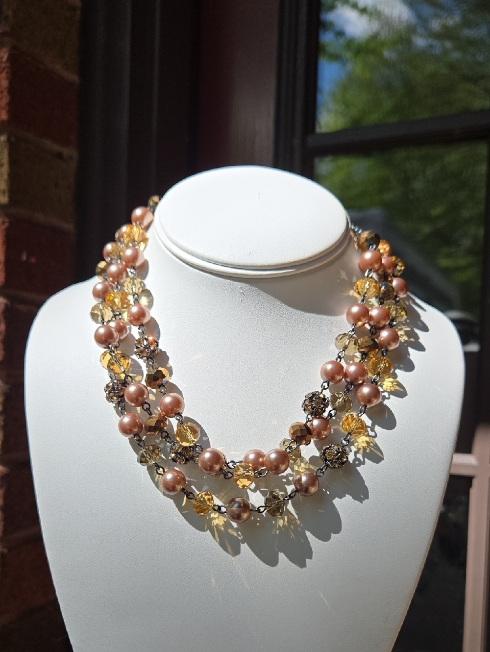 Monet Fuax Pearl and Gold Crystal Multi-Strand Necklace Vintage Style